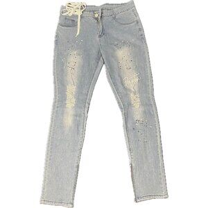 Men’s Distressed Light Wash Skinny Jeans with Embroide
